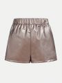 SHEIN Kids CHARMNG Tween Girls' Decorative Buckle Elastic Waistband Shorts