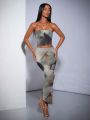 SHEIN BAE Women's Marble Tie Dye Print Bandeau Top & Wrinkle Asymmetric Skirt Set For Summer