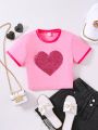 Teen Girl Sequined Heart Pattern Color Block Tee With Contrast Trim