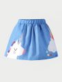 SHEIN Kids QTFun Little Girls' Cute Unicorn Embroidery Rainbow Printed Denim-Like Skirt For Summer