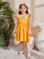 SHEIN Kids SUNSHNE Young Girls' Floral Embroidery Doll Collar Loose Casual Dress