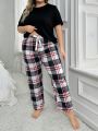 Plus Size Plain Top & Checkered Pants Pajama Set