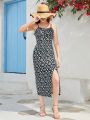 SHEIN Teenage Girls' Knitted Floral Print Split Hem Casual Maxi Dress With Spaghetti Straps