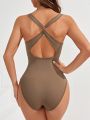 Solid Color Seamless Cross Knot Backless Sport Jumpsuit