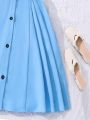 SHEIN Kids EVRYDAY Tween Girls' Square Collar Pleated Front Button Dress