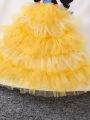 SHEIN Kids QTFun Toddler Girls' Princess Style Floral Printed Mesh Patchwork Ruffle Sleeve Dress