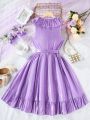 Teen Girl's Shiny Sleeveless Dress With Ruffled Hemline And Waist Line