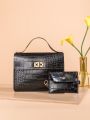 Crocodile Embossed Twist Lock Flap Square Bag With Coin Purse