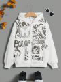 Teen Girls' Hooded Pullover Sweatshirt With Woman Portrait And Slogan Print, Fleece Lined