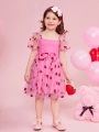 SHEIN Kids FANZEY Little Girl's Love Mesh Puff Sleeve Fitted Elegant Dress