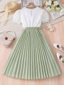 Teen Girls' Lace Panel Puff Sleeve Pleated Dress