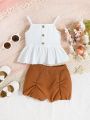 SHEIN Baby Girl Casual Knitted Halter Ruffled Tank Top And Shorts Set