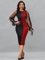 SHEIN Lady Women's Mesh Ruffle Sleeve Striped Bodycon Dress