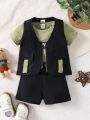 Baby Boy 3pcs Letter Print Round Neck Short Sleeves T-Shirt + Utility Vest Jacket + Shorts Casual Outfit