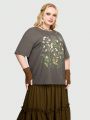ROMWE Fairycore Women's Plus Size Plant Printed Oversized Tee With Drop Shoulder For Summer