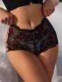 SHEIN 1pc Cross-Cross Hollow Out Lace Triangle Panties With Floral Decoration On The Sides