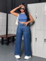 SHEIN ICON Plus Size Cat Whisker Decorated Straight Leg Casual Jeans