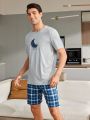 Men'S Moon Print Short Sleeve T-Shirt And Plaid Shorts Homewear Set