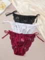 3pcs/set Women's Side Tie Flower & Lace Design Triangle Panties