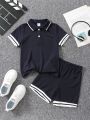 SHEIN Kids SPRTY Young Boys' Striped Collar Polo Shirt And Shorts Set