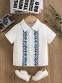 Baby Boy Bohemian Style Scarf Print Short-Sleeved Shirt With Woven Tape, Spring/Summer