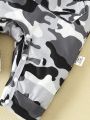 Baby Boy Solid Color Short Sleeve T-Shirt And Camouflage Printed Overalls Set