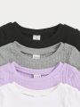 SHEIN 4pcs Baby Girls' Casual Solid Color Knitted Short Sleeve Tops Set