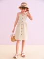 Girls Solid Button Front Cami Dress