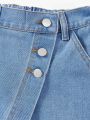 Girls' Casual Elastic Waist Button-Front Denim Skirt With Cute Flower Pattern Print, Light Blue Wash