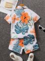 SHEIN Kids SUNSHNE 2pcs/set Toddler Boys' Tropical Printed Shirt And Shorts