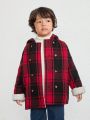 SHEIN Young Boy Plaid Print Double Breasted Plush Lined Hooded Overcoat