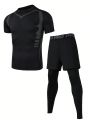 Fitness Men's Short Sleeve Top And Two-In-One Letter Print Pants Sportswear Set