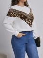SHEIN LUNE Plus Leopard Panel Contrast Sequin Rhinestone Detail Drop Shoulder Sweatshirt