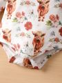 Baby Girls' Long Sleeve Romper With Petal Sleeves & Corduroy Suspender Skirt Set, Floral Print