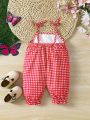Baby Girl's Cute Gingham & Fruit Patterned Suspenders Jumpsuit For Summer