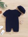 SHEIN Baby Boys' Style Embroidered Round Neck Long Sleeve Romper