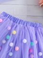 1pc Purple Mesh Skirt With Colorful Pom-pom For Girls' Cute Street-style Casual Look, Summer