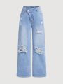 SHEIN Tween Girls' Water Washed Distressed Casual Fashionable Denim Jeans With Slanted Placket