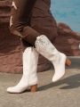 Styleloop Women's Fashionable Embroidery & Rivet Detail Western Style PU Brown Block Heel Boots