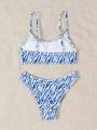 SHEIN Swim Vcay Shirred Two-Piece Spaghetti Straps Bikini Swimsuit, Random Printed Pattern
