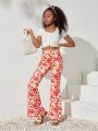 SHEIN Kids Cooltwn Tween Girls' Everyday Casual Knit Floral Flared Pants For Spring/Summer