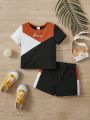 SHEIN Baby Boy's Letter Print Color Block Short Sleeve T-Shirt And Shorts Set