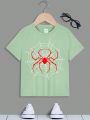 Boys' Spider Print Short Sleeve Casual T-Shirt With Round Neckline, Suitable For Summer