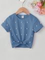 SHEIN Young Girl Pearls Beaded Knot Hem Tee