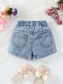 Baby Girl Heart Embroidery Frayed Hem Loose Comfortable Denim Shorts For Holiday Style