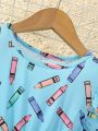 Young Girl Pencil Print Ruffle Trim Dress