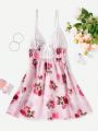 Women's Short Sleeve Floral Printed Nightgown With Patchwork Design