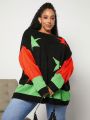 SHEIN CURVE+ Plus Size Women'S Loose Fit Casual Sweater With Contrast Color Star Pattern