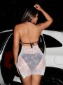 SHEIN SXY Valentines 1pc Gorgeous Lady Glamorous Open Back Fishnet Hollow Sexy Hottie Nightclub Long Backless Adjustable Halter Neck Dress With Rhinestone Decorations