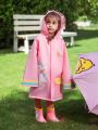 Girls' Pink Cute Unicorn Printed 3d Raincoat With Colorful Cuffs And Pocket, All Seasons